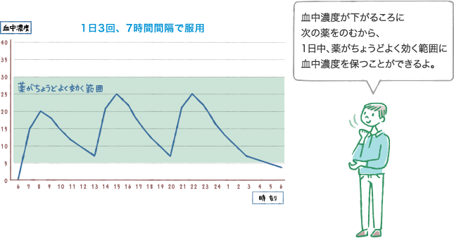 1日3回、7時間間隔で服用 血中濃度が下がるころに次の薬をのむから、1日中、薬がちょうどよく効く範囲に血中濃度を保つことができるよ。