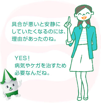 具合が悪いと安静にしていたくなるのには、理由があったのね。　スコッピィ君：YSE!病気やケガを治すために必要なんだね。