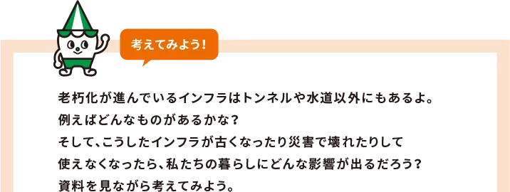 老朽化が進んでいるインフラはトンネルや水道以外にもあるよ。例えばどんなものがあるかな？そして、こうしたインフラが古くなったり災害で壊れたりして使えなくなったら、私たちの暮らしにどんな影響が出るだろう？資料を見ながら考えてみよう。